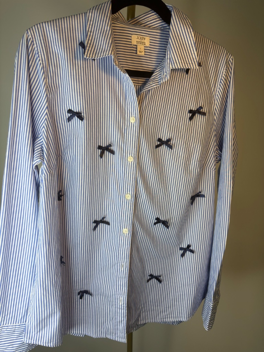 J.Crew Blue White Striped Bow Detail Button Down Shirt | Classic Preppy Chic - Picture 8 of 10